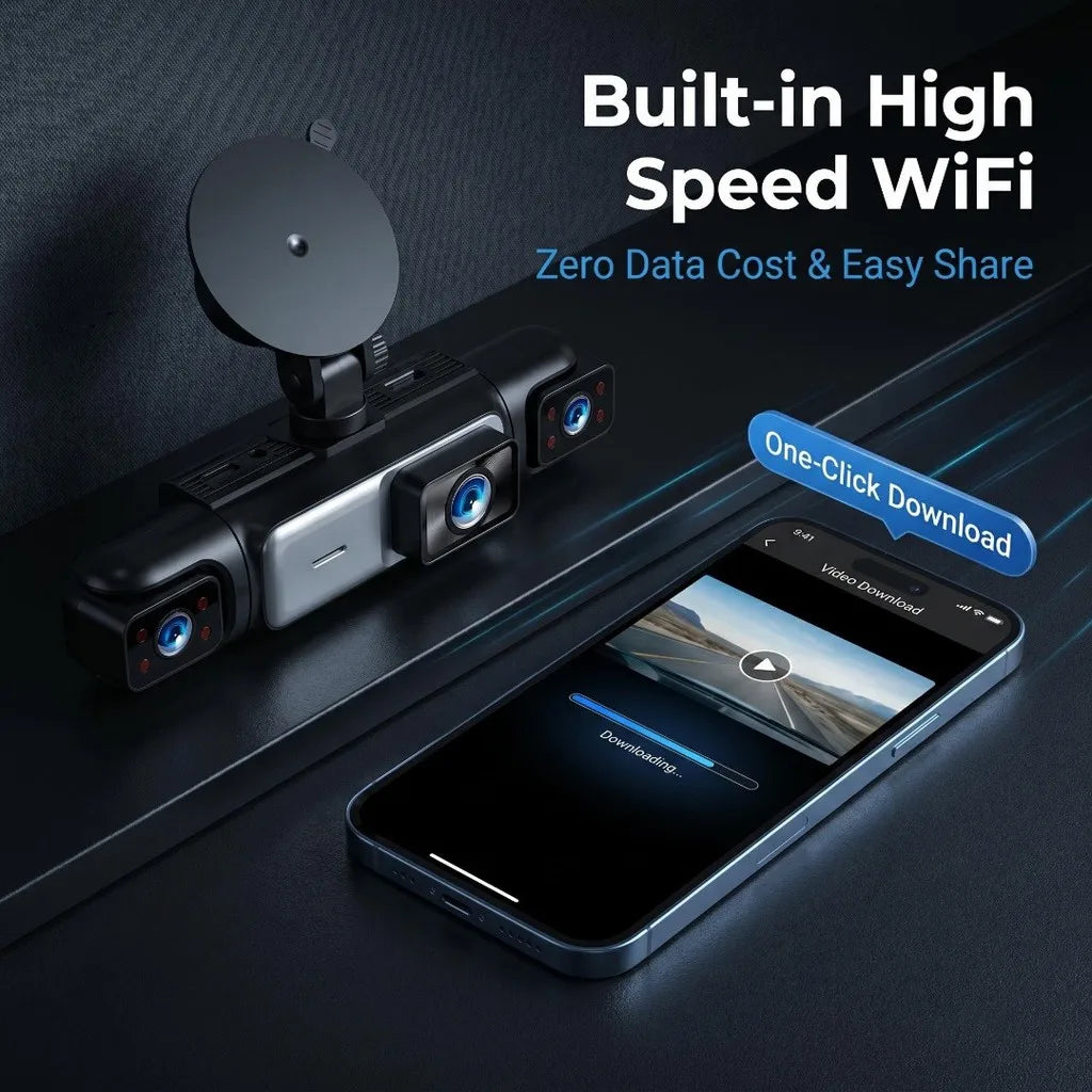 WiFi Smart Dash Cam built-in WiFi feature showing one-click video download to a smartphone with zero data cost