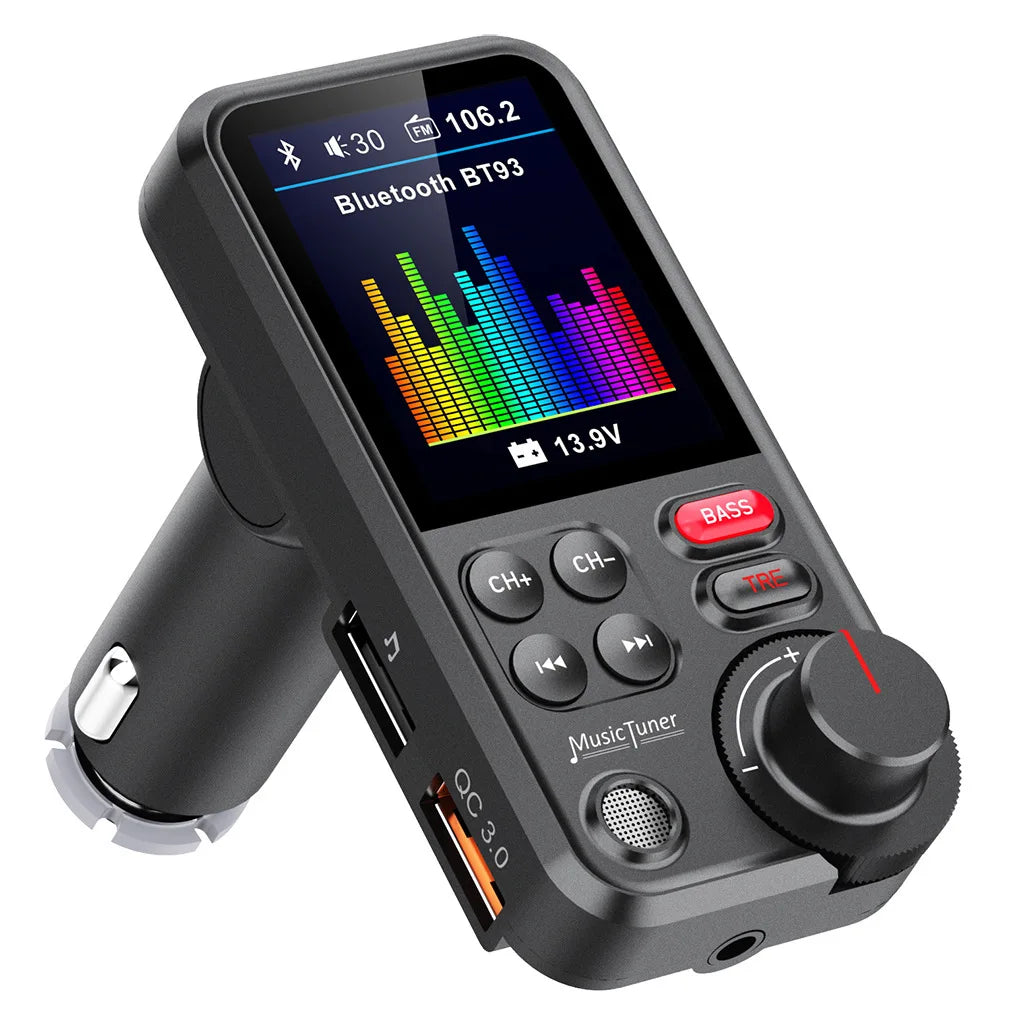 Equaliser Bluetooth FM Transmitter with 1.8-inch colour screen showing a music equaliser, control dial, bass button and USB charging port