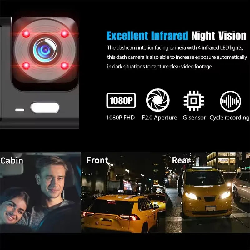 Dual-lens dash cam infrared cabin camera with 1080p night vision and sample cabin and road footage