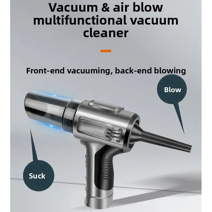 Cordless Car Vacuum & Blower diagram showing front-end vacuum suction and rear-end air blowing with nozzle fitted