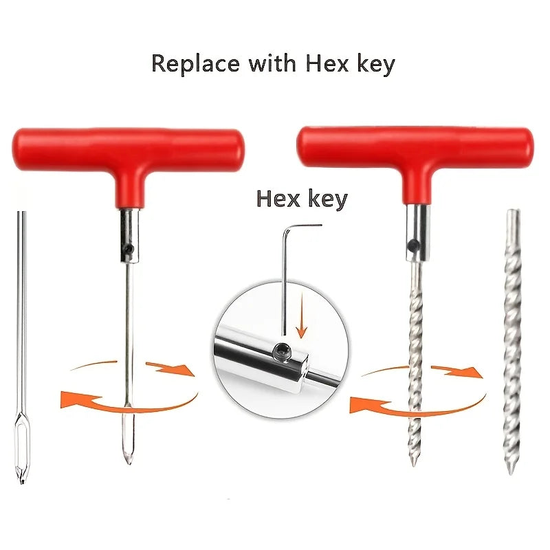 Tubeless tyre repair kit T-handle tools with interchangeable needle and spiral reamer tips secured by a hex key