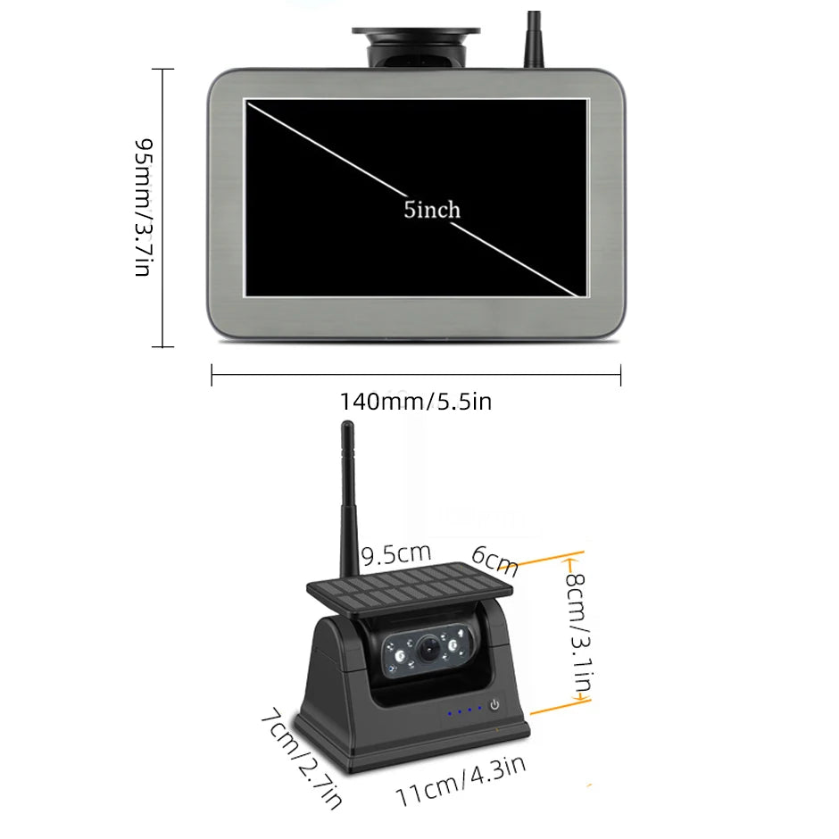 Solar Reversing Camera Kit dimensions: 5-inch monitor 140 x 95 mm and camera 11 x 9.5 x 8 cm