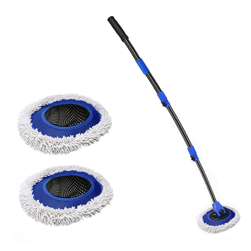Telescopic Chenille Wash Brush 3 piece pack with curved extendable pole, attached brush head and two spare chenille mop heads