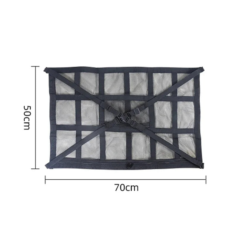 Black mesh car roof cargo net on white background showing 50cm x 70cm dimensions