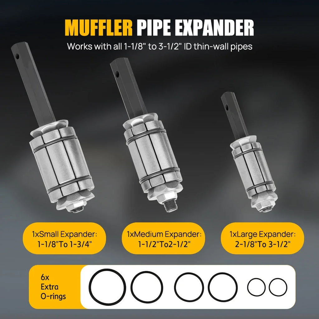 Three sizes of Muffler Pipe Expander tools from the Exhaust Pipe Expander Set with compatible O-rings