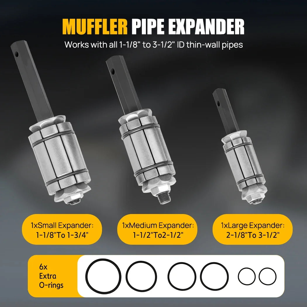 Three sizes of Muffler Pipe Expander tools from the Exhaust Pipe Expander Set with compatible O-rings