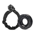 Black soft shackle rope loop beside a black anodised aluminium recovery ring with safety warning text