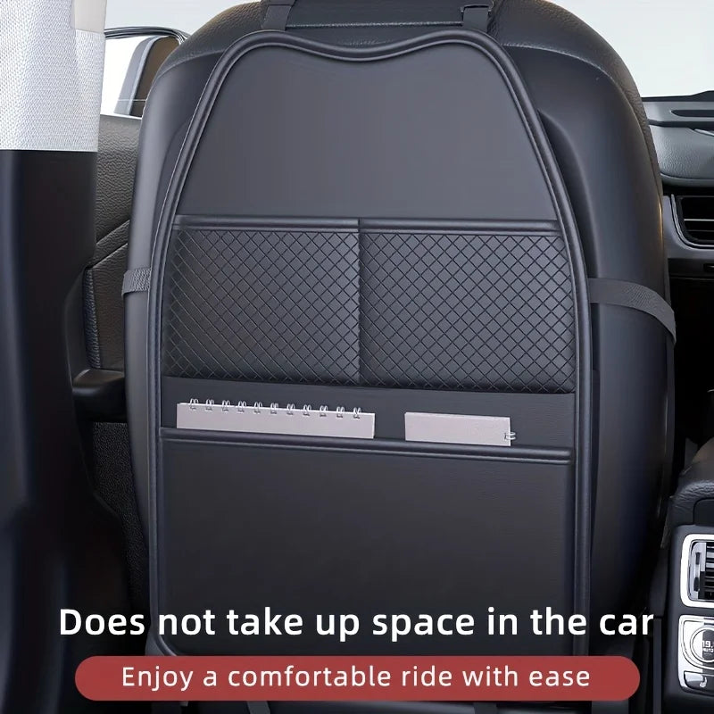 Kick-proof car seat back organiser installed in a vehicle with text reading does not take up space in the car