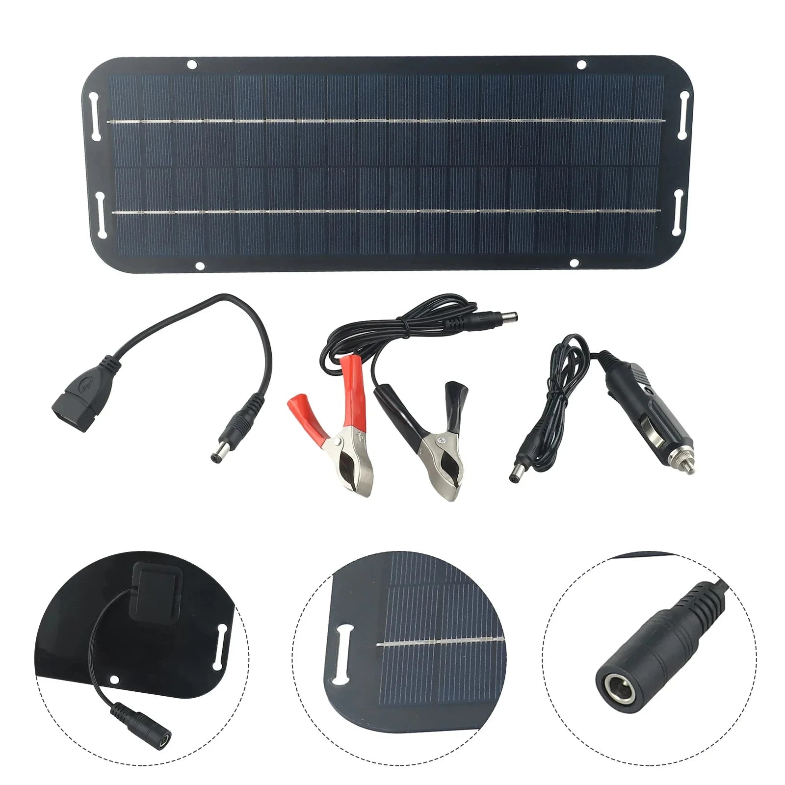 Solar battery trickle charger panel with close-up circular insets of the mounting grommet, cable exit and DC female adapter port