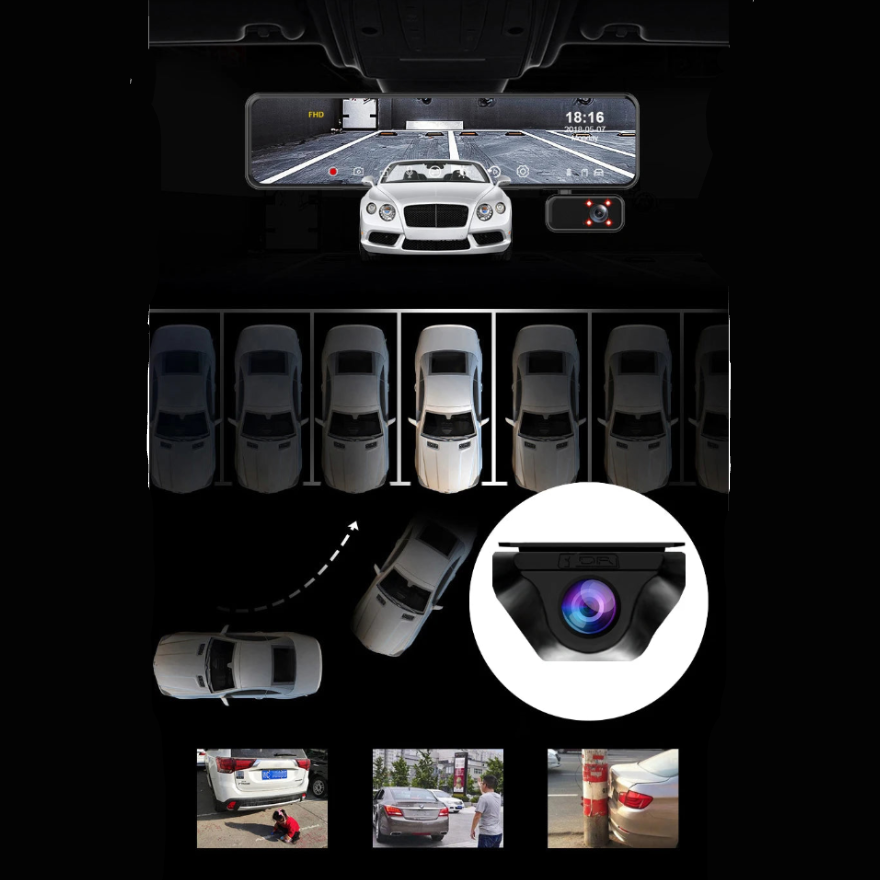 Triple-Lens Mirror Dash Cam rear camera assisting a car reversing into a parking space at night