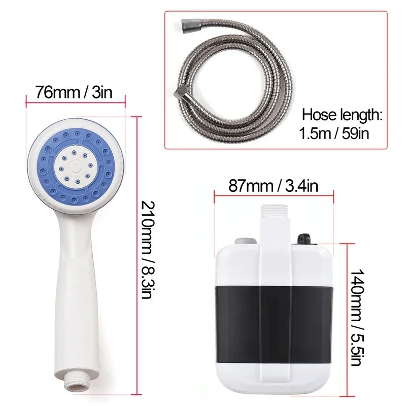 Rechargeable Camp Shower Kit dimensions: 210 mm shower head, 140 x 87 mm pump and 1.5 m hose