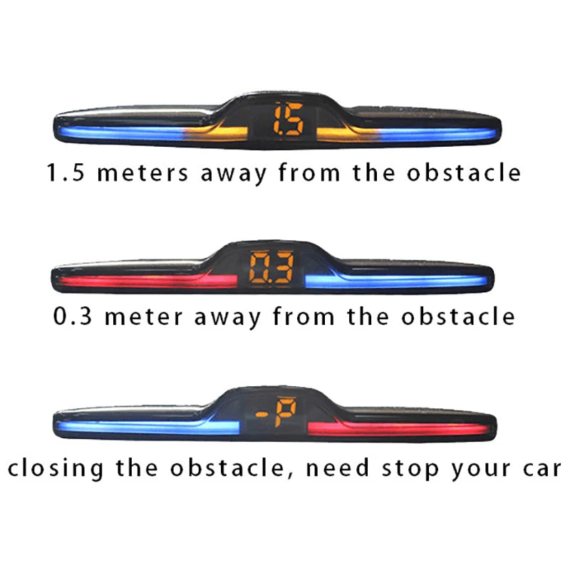 Illustration of the LED parking sensor display reading 1.5 metres, 0.3 metres and a stop warning as a vehicle reverses toward an obstacle
