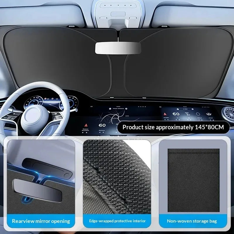 UV-Block Windscreen Sun Shade installed on a windscreen with a rearview mirror opening, approximately 145 by 80cm, with close-ups of the mirror cutout, edge-wrapped interior and storage bag