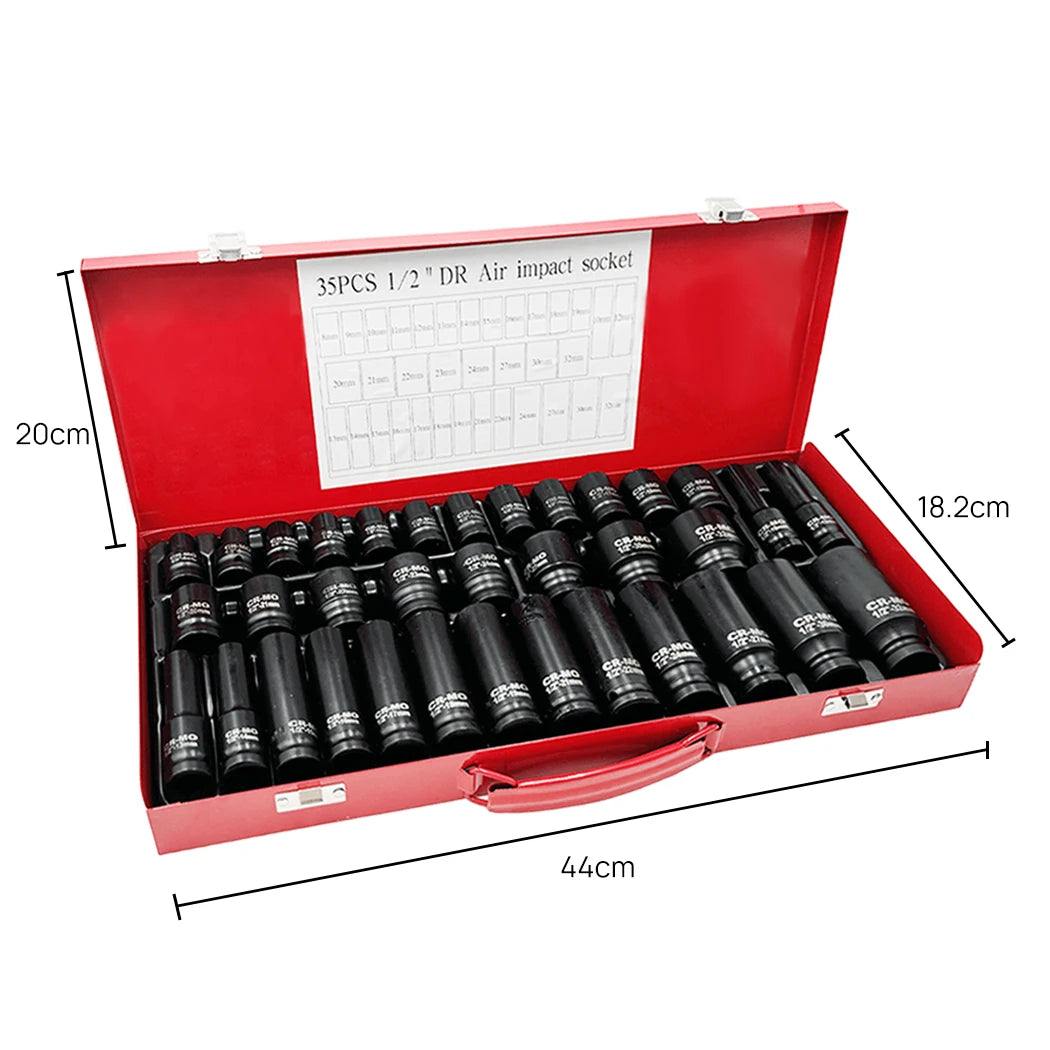 Impact Socket Set packed in its red case with dimensions 44cm long, 20cm wide, and 18.2cm deep