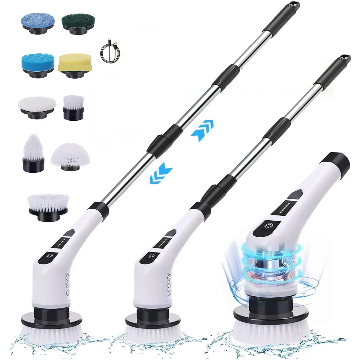 Cordless Power Spin Scrubber kit with telescopic handle, interchangeable brush heads and USB charging cable