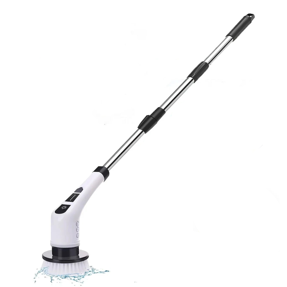Cordless Power Spin Scrubber with telescopic stainless steel handle and round brush head on white background