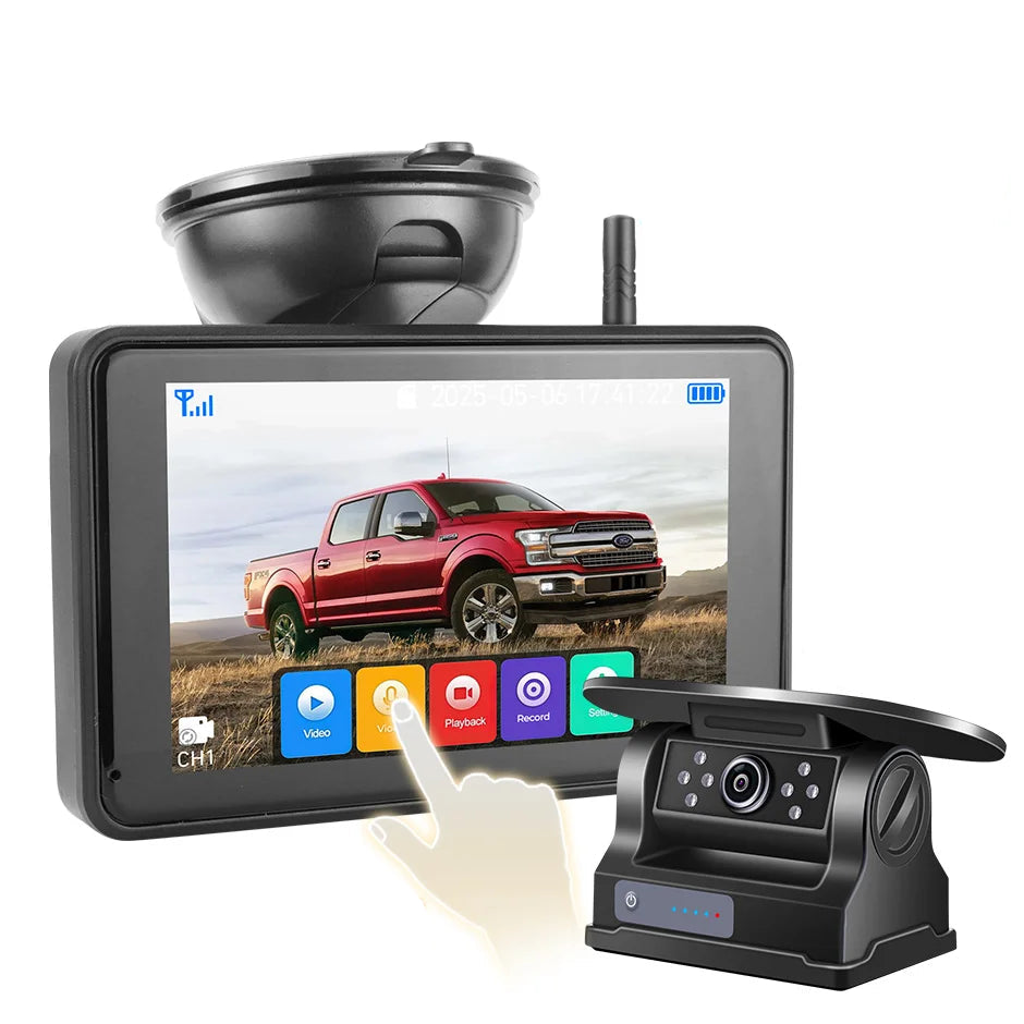 Touchscreen DVR Reversing Camera wireless monitor with record and playback menu beside the solar magnetic camera
