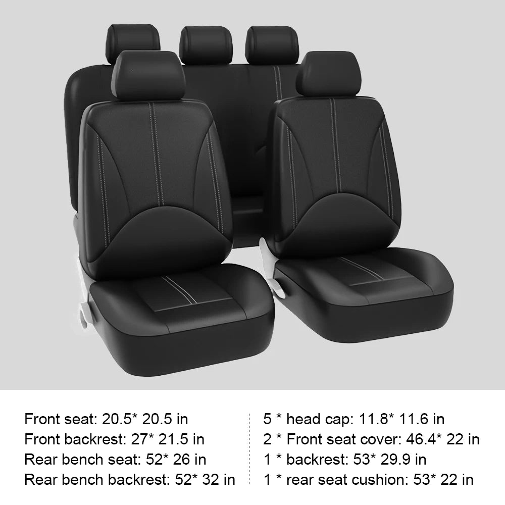 Universal Seat Cover Set flat lay on grey background with labelled front seat, backrest, rear bench seat and headrest dimensions in centimetres and inches