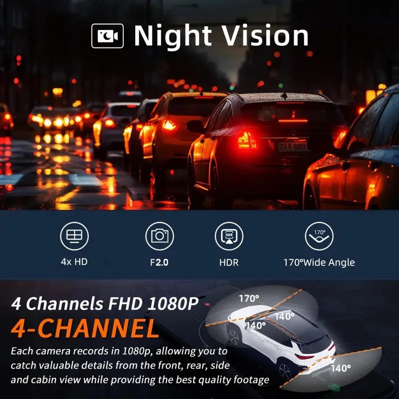 Quad-Lens Dash Cam night vision footage of city traffic tail lights, showing 4x HD, F2.0, HDR and 170-degree wide-angle recording