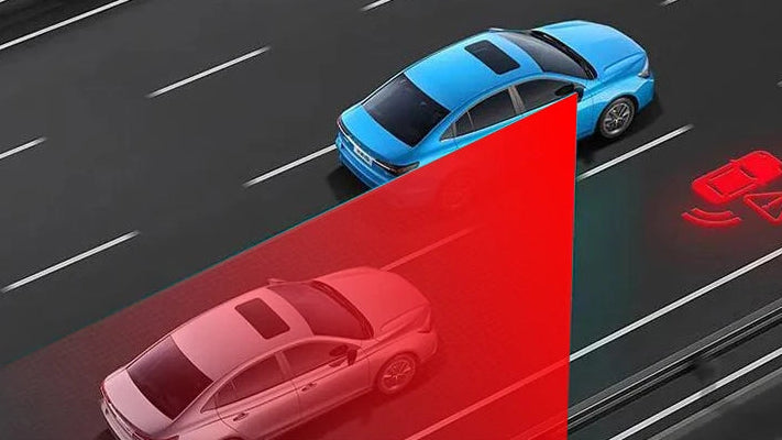 A digital illustration of a blue car on a highway with a red translucent wedge overlay showing a detected car and speed limit icon, illustrating a radar detector or speed camera warning feature.