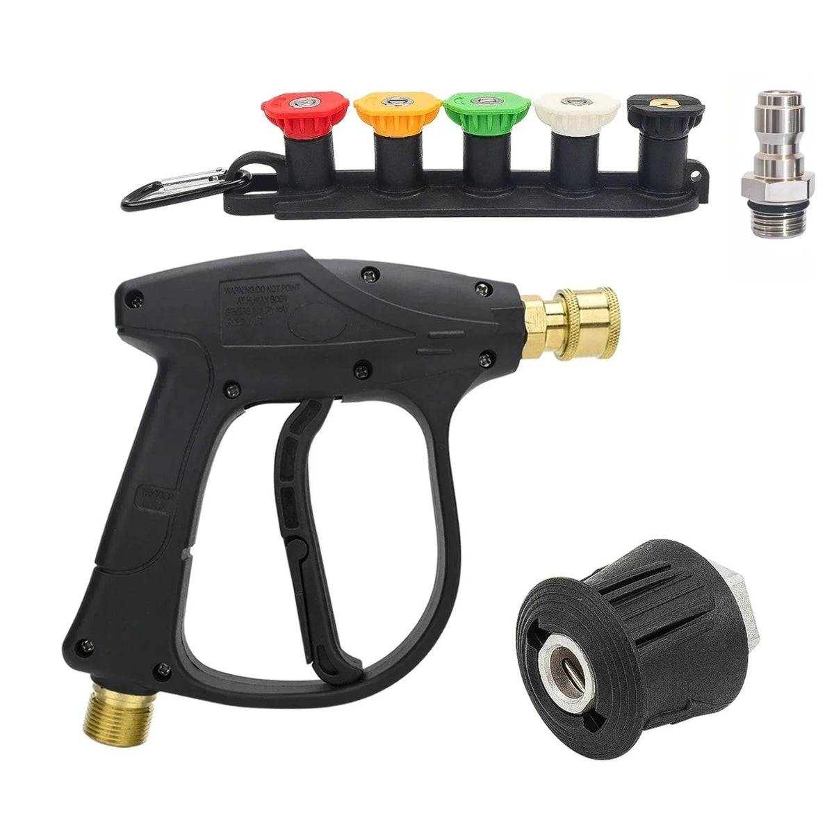 Pressure washer spray gun with quick-connect nozzle set and garden hose adapter arranged on a white background