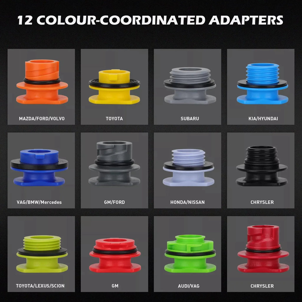 Twelve colour-coordinated oil filler adapters labelled by compatible vehicle brand