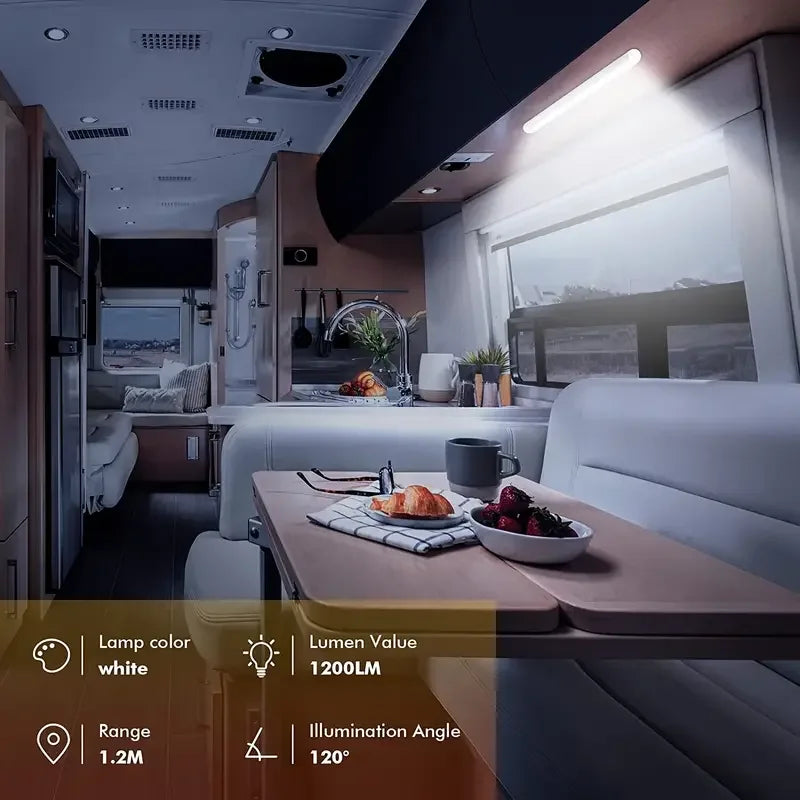 LED light bar mounted on an RV ceiling lighting a kitchen dinette table, with specs listed for white light colour, 1200 lumens, 1.2m range and 120 degree beam.