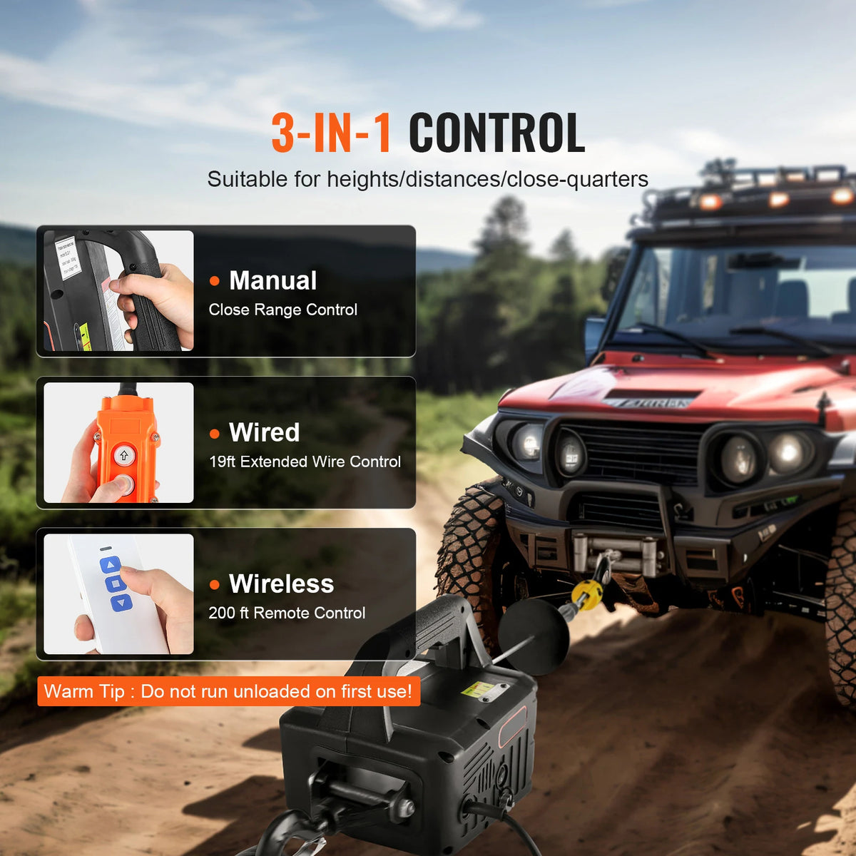 Portable Electric Hoist Winch manual, wired and wireless remote control options shown beside a 4WD on a dirt track