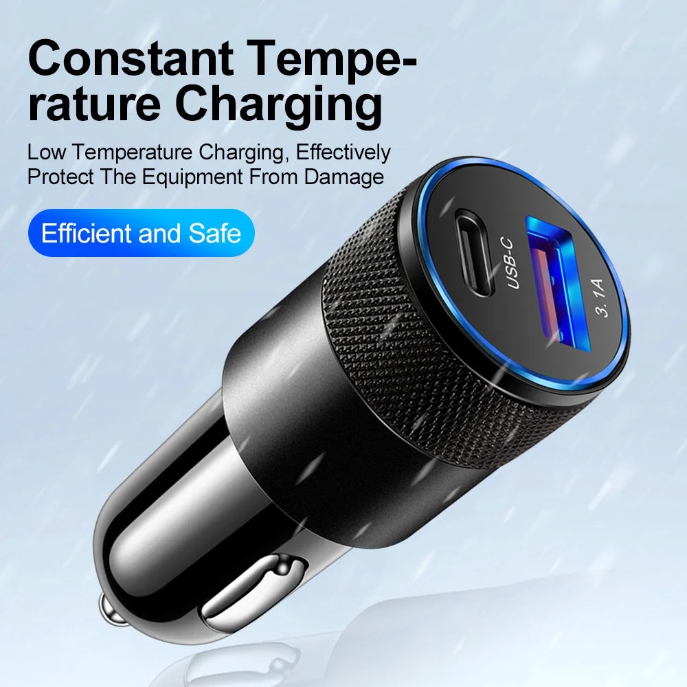 Alloy USB Car Charger infographic highlighting constant temperature charging for safe overheat protection
