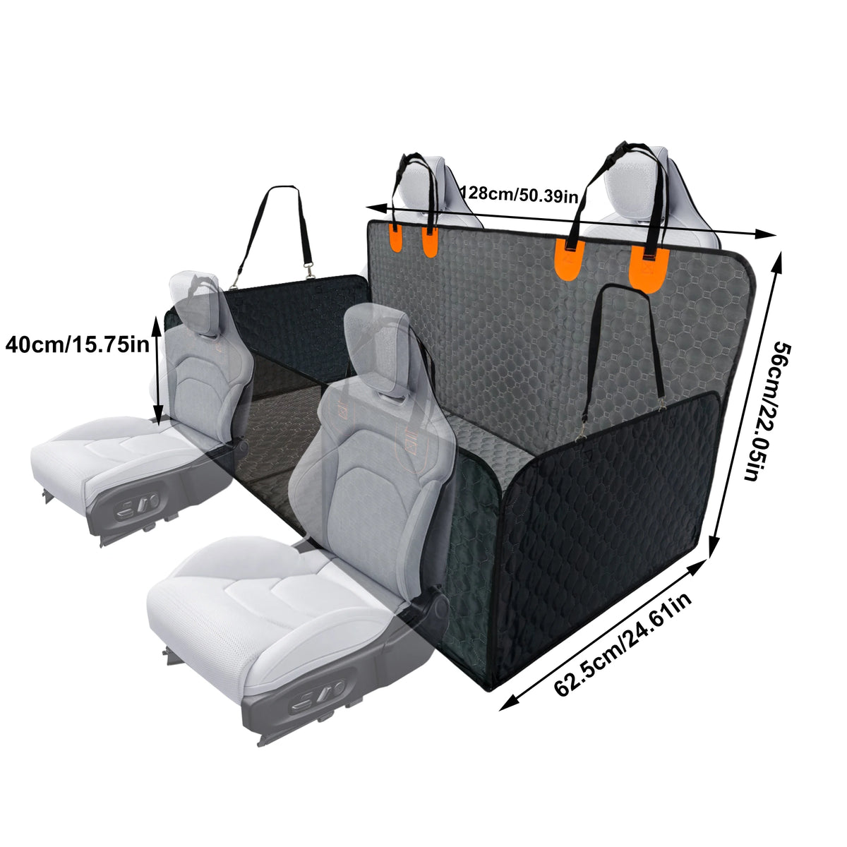 Washable Dog Seat Extender dimension diagram fitted behind the front seats, showing 128 cm width, 62.5 cm depth, 56 cm and 40 cm heights