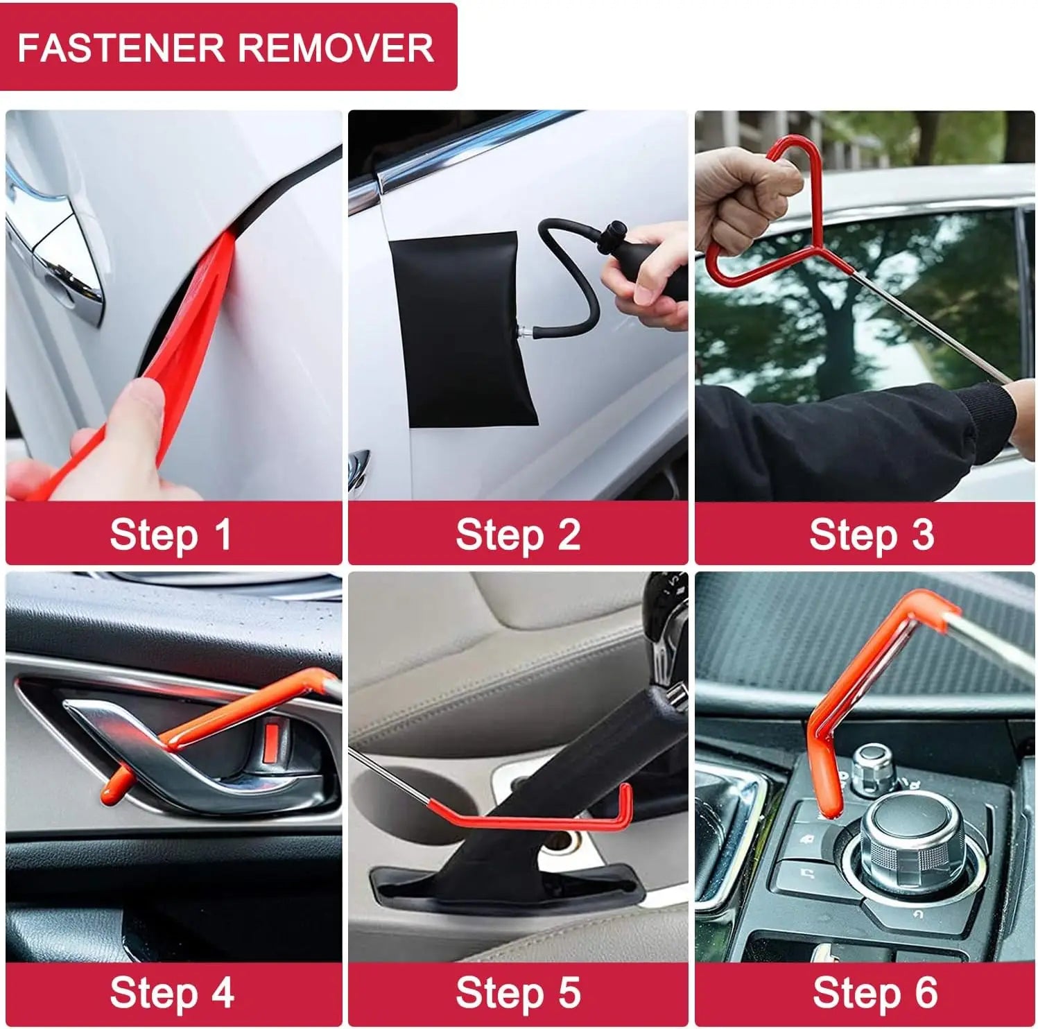 Step by step guide showing the Car Door Trim Removal Kit fastener remover tool in use on a car door and dashboard