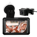 HD baby car monitor kit with rear-facing infrared camera, windscreen suction mount and dashboard display showing a smiling baby in a car seat