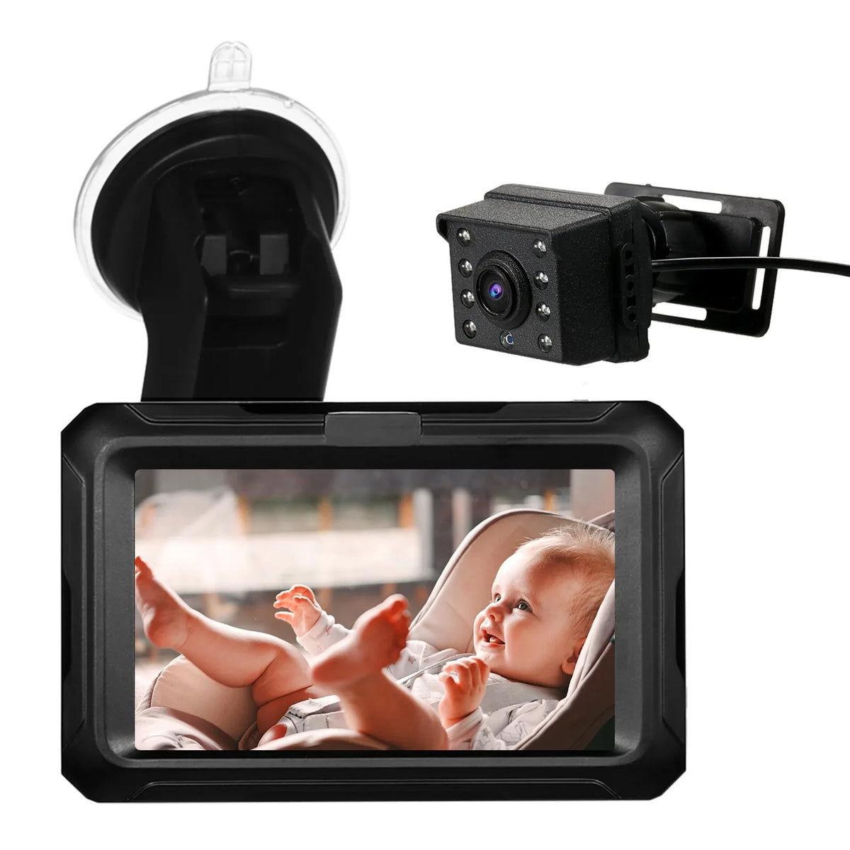 HD baby car monitor kit with rear-facing infrared camera, windscreen suction mount and dashboard display showing a smiling baby in a car seat