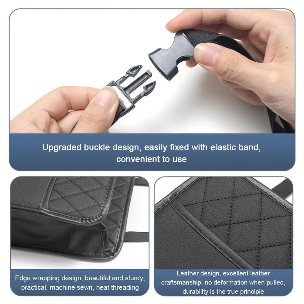 Close-up of car seat back organiser upgraded buckle, elastic band and stitched leather detailing