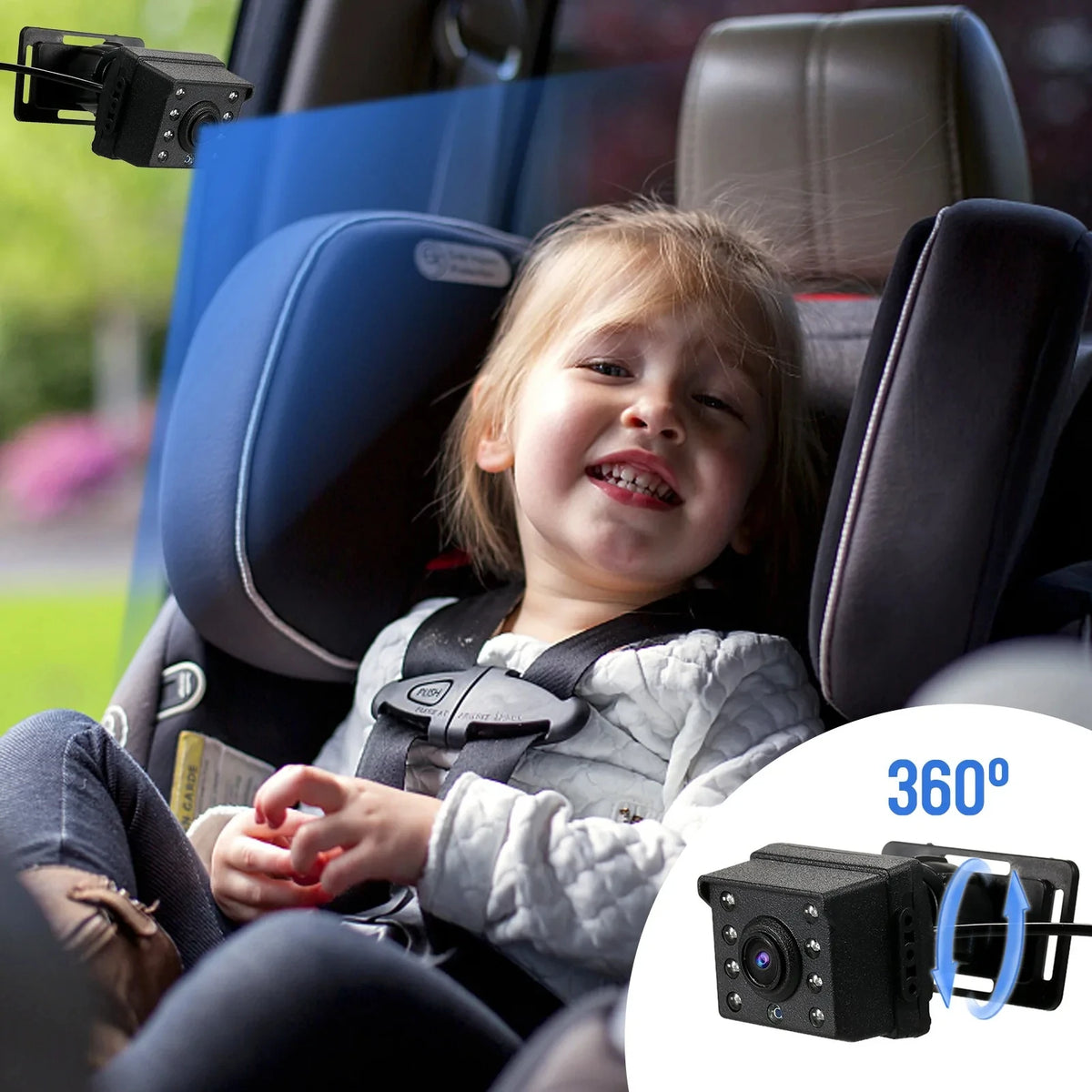 Toddler secured in a rear car seat viewed through a 360-degree rotating baby car camera