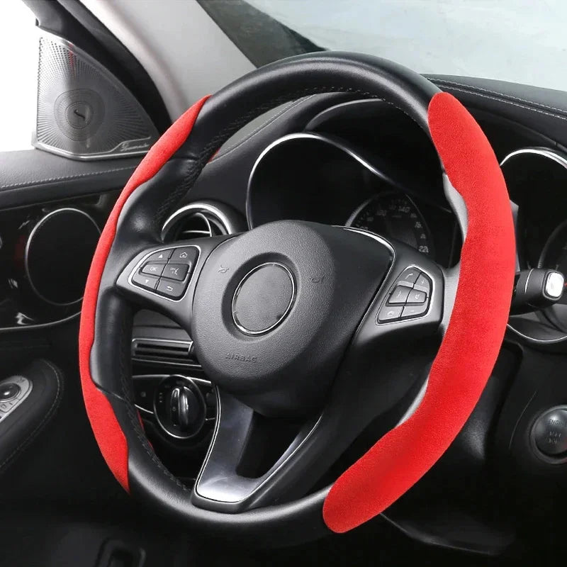 Red Suede Car Steering Wheel Cover fitted to a Mercedes-Benz steering wheel for improved grip