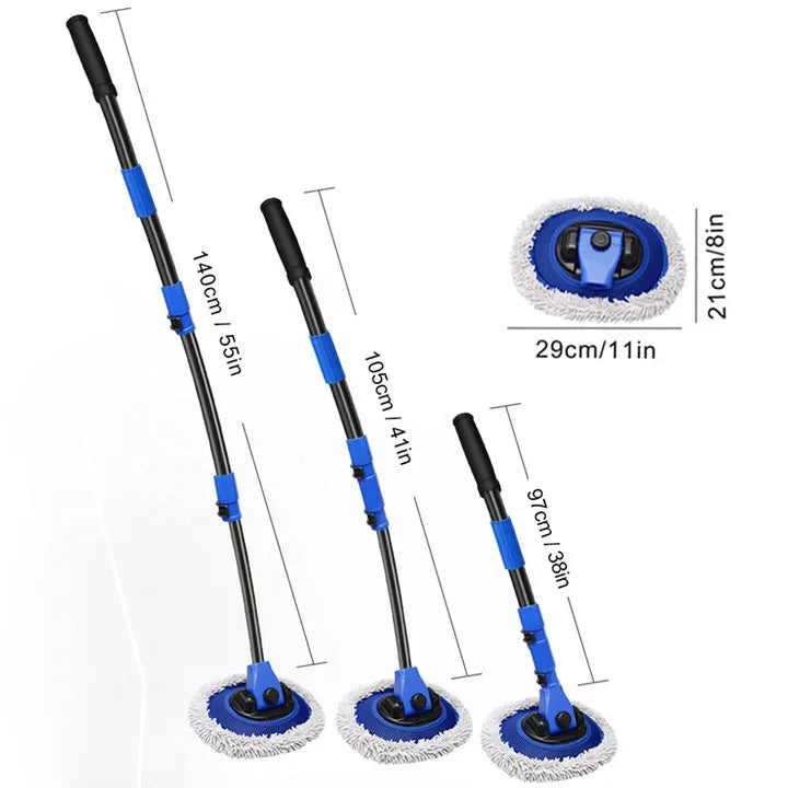 Telescopic Chenille Wash Brush product size diagram showing extendable lengths of 97cm, 105cm and 140cm and a 29 x 21cm mop head