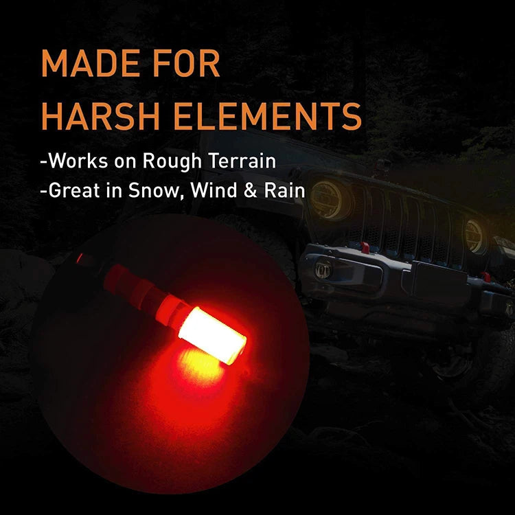 Magnetic LED Warning Beacon glowing red at night, captioned 'Made for harsh elements'