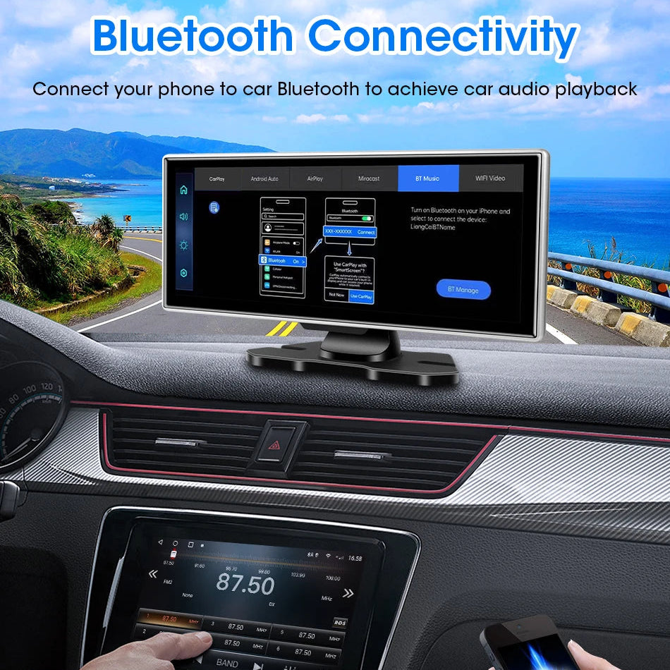 Wireless CarPlay Dash Cam dashboard display connecting via Bluetooth to a smartphone in a driver's hand, with a coastal road backdrop illustrating hands-free car audio pairing.