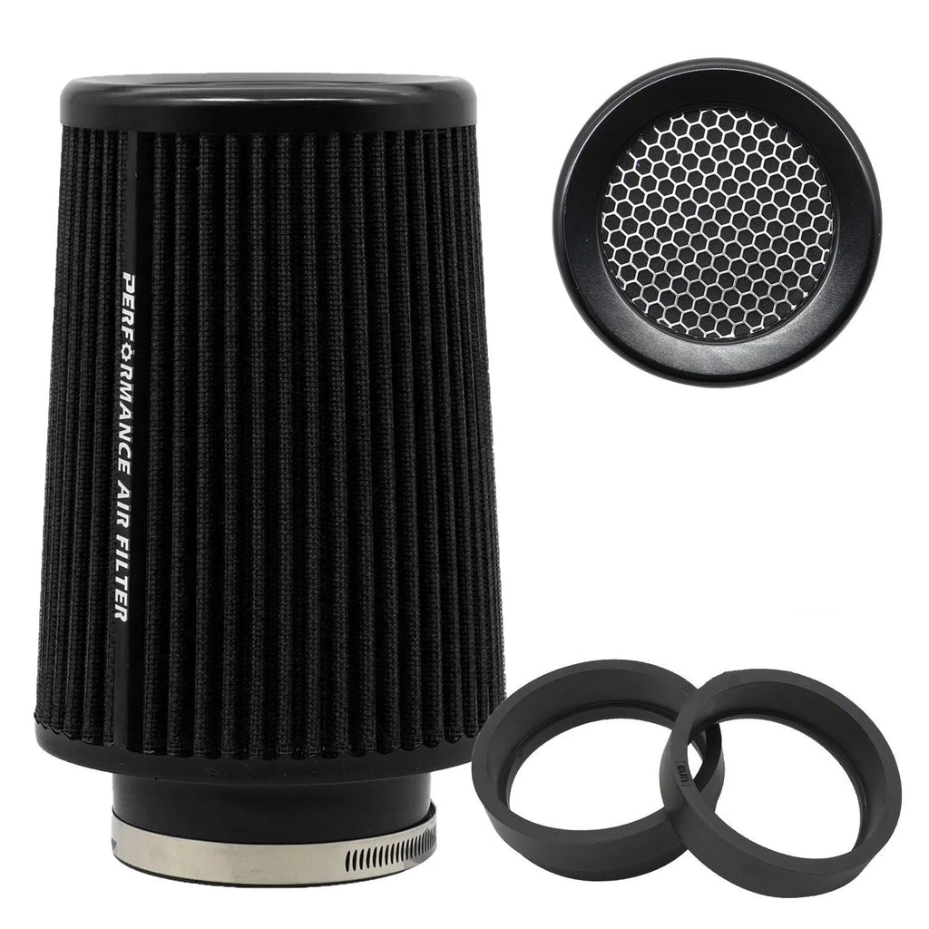 Cold air intake performance air filter with aluminium honeycomb mesh guard and rubber reducer rings