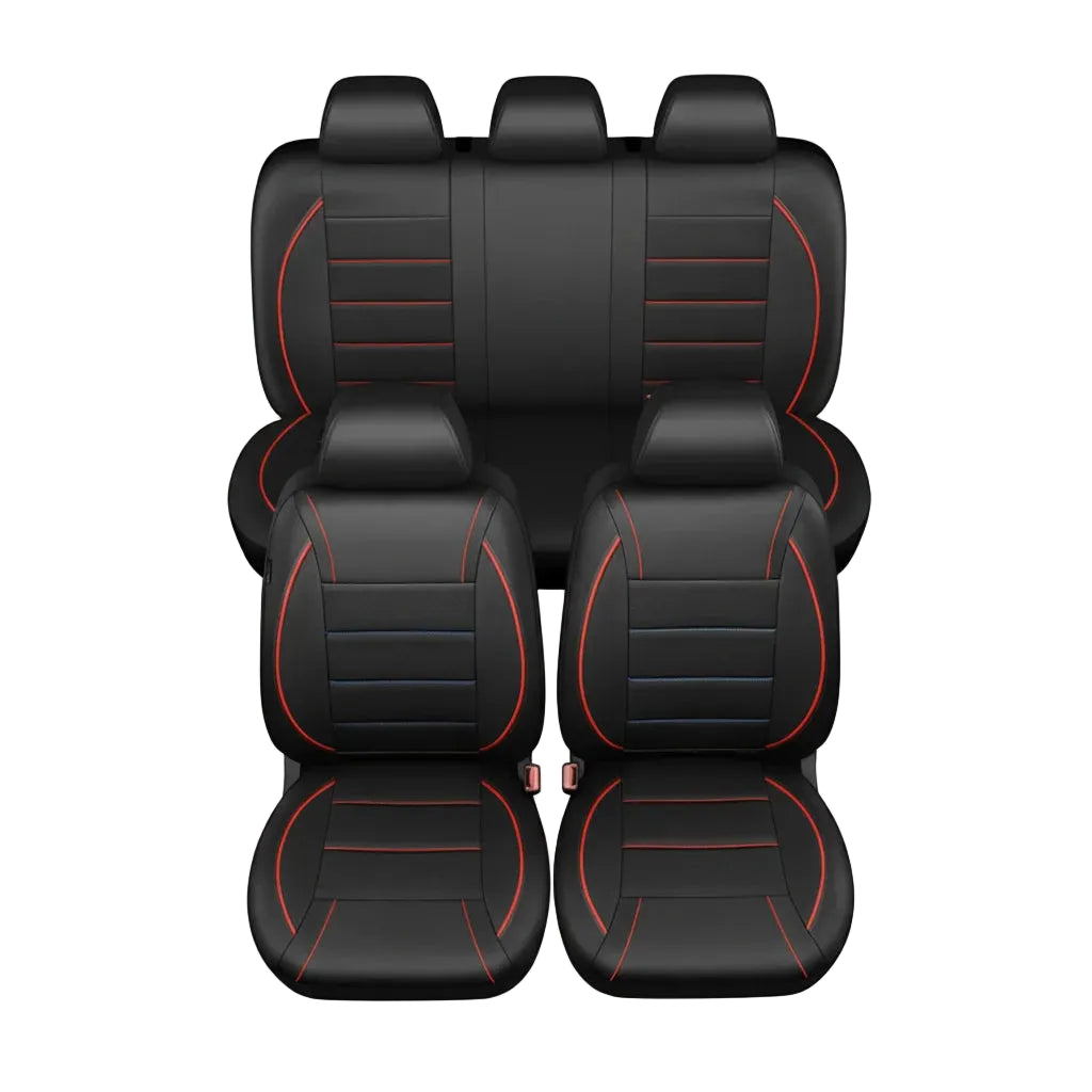 Universal Leather Seat Covers in black with red stitching covering a full 5-seat set, front view on white background