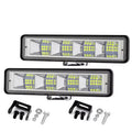 72W LED Work Light Pair, two rectangular 6-inch LED flood light bars with black housings, mounting brackets and bolts on a white background