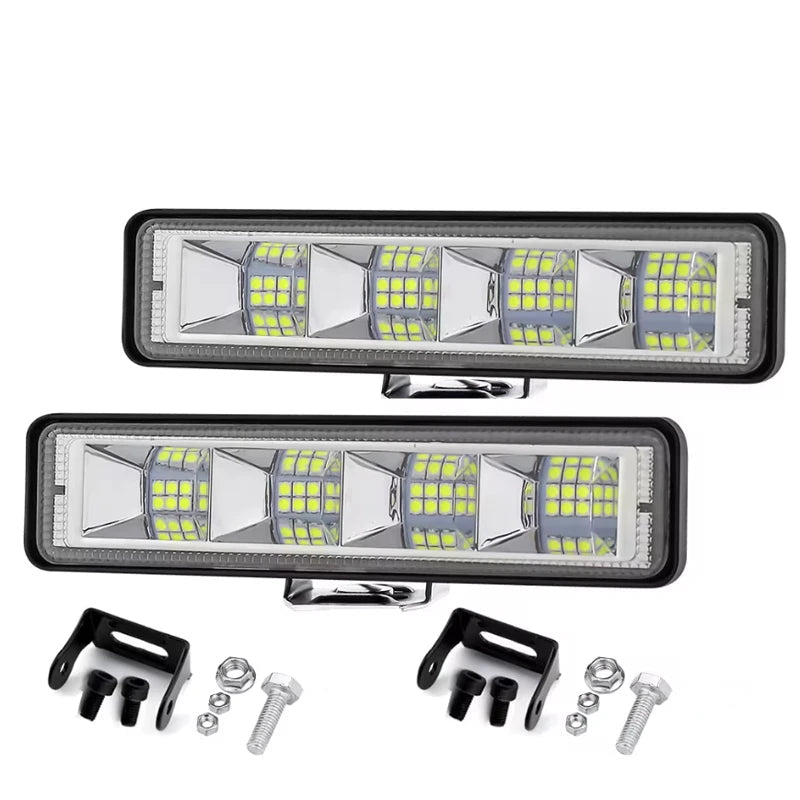 72W LED Work Light Pair, two rectangular 6-inch LED flood light bars with black housings, mounting brackets and bolts on a white background