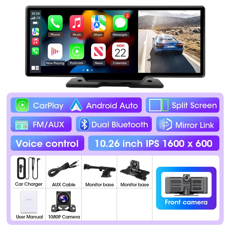 Wireless CarPlay Dash Cam 10.26 inch Standard IPS 1600x600 screen version with split-screen CarPlay and reversing camera view, shown with included car charger, AUX cable, mounting brackets and front camera accessories.