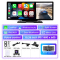 Wireless CarPlay Dash Cam 10.26 inch Standard IPS 1600x600 screen version with split-screen CarPlay and reversing camera view, shown with included car charger, AUX cable, mounting brackets and front camera accessories.