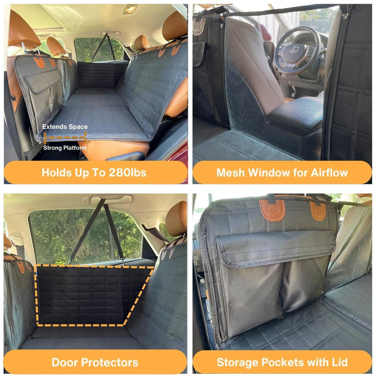 Hard-Base Dog Seat Extender features collage showing load-bearing platform, mesh viewing window, door protectors and storage pockets with lid