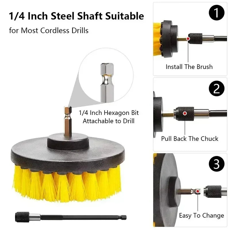 Infographic showing the 1/4 inch steel shaft drill brush attachment being installed and removed from a cordless drill chuck