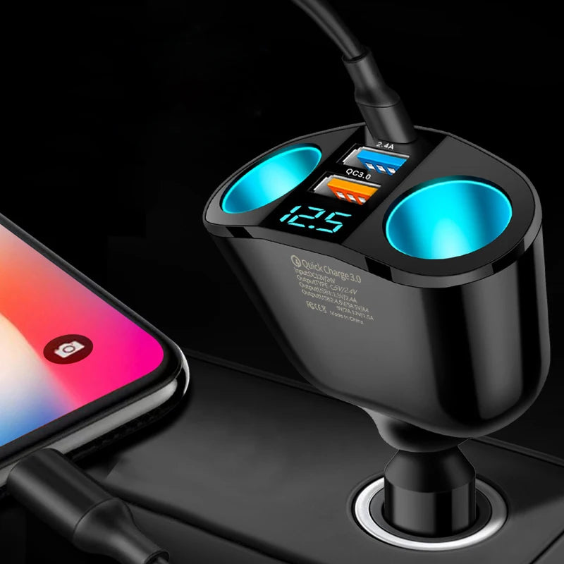 Dual-Socket Fast Car Charger plugged into a car 12V socket, charging a smartphone via USB cable