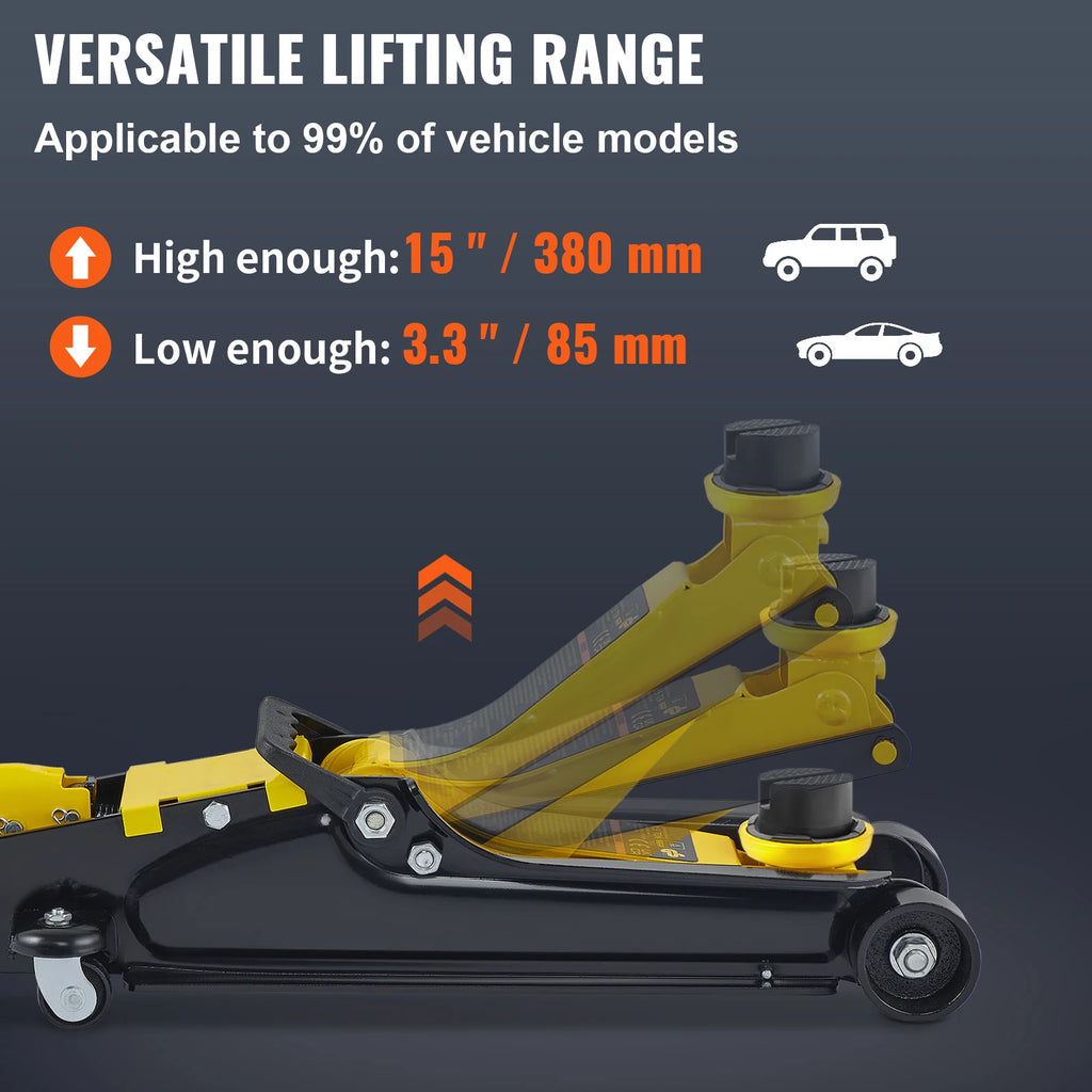 Steel Racing Floor Jack lifting a vehicle chassis in a dark garage, highlighting a 380mm to 85mm lifting range