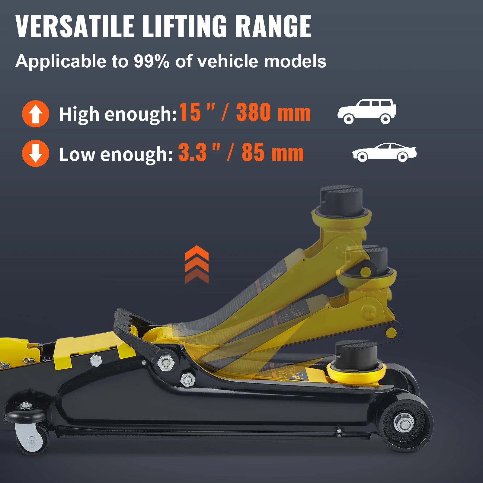 Steel Racing Floor Jack lifting a vehicle chassis in a dark garage, highlighting a 380mm to 85mm lifting range